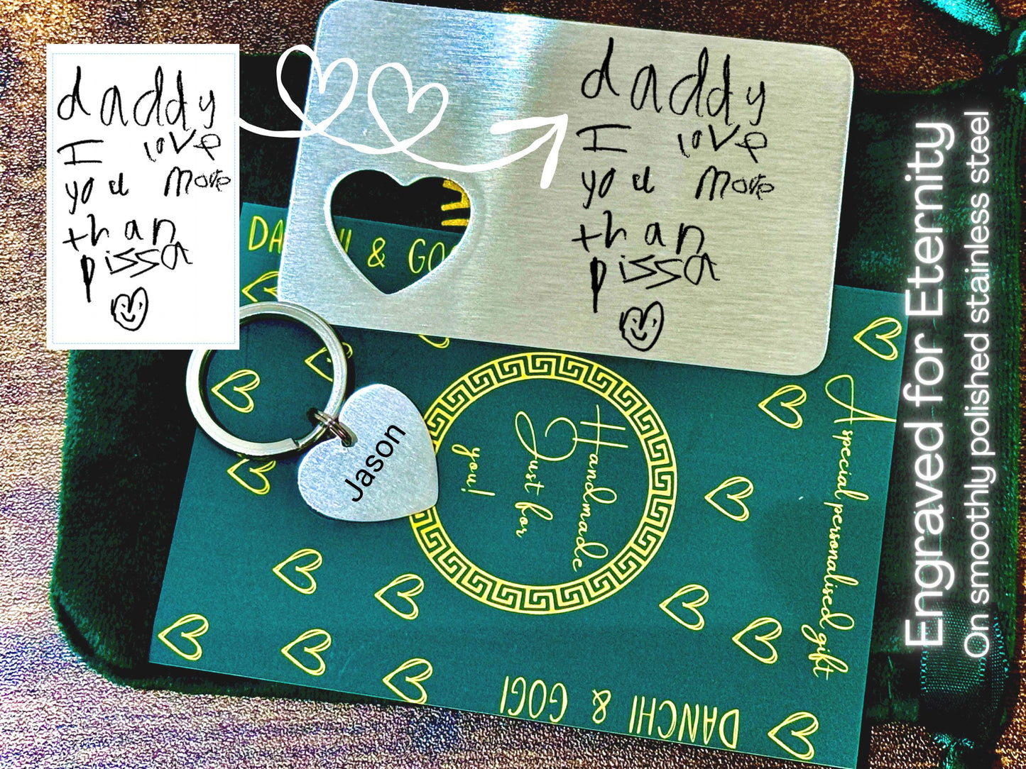 Personalised Handwriting Engraved Wallet Card with a Little Heart Shaped Keychain - Stainless Steel Gift