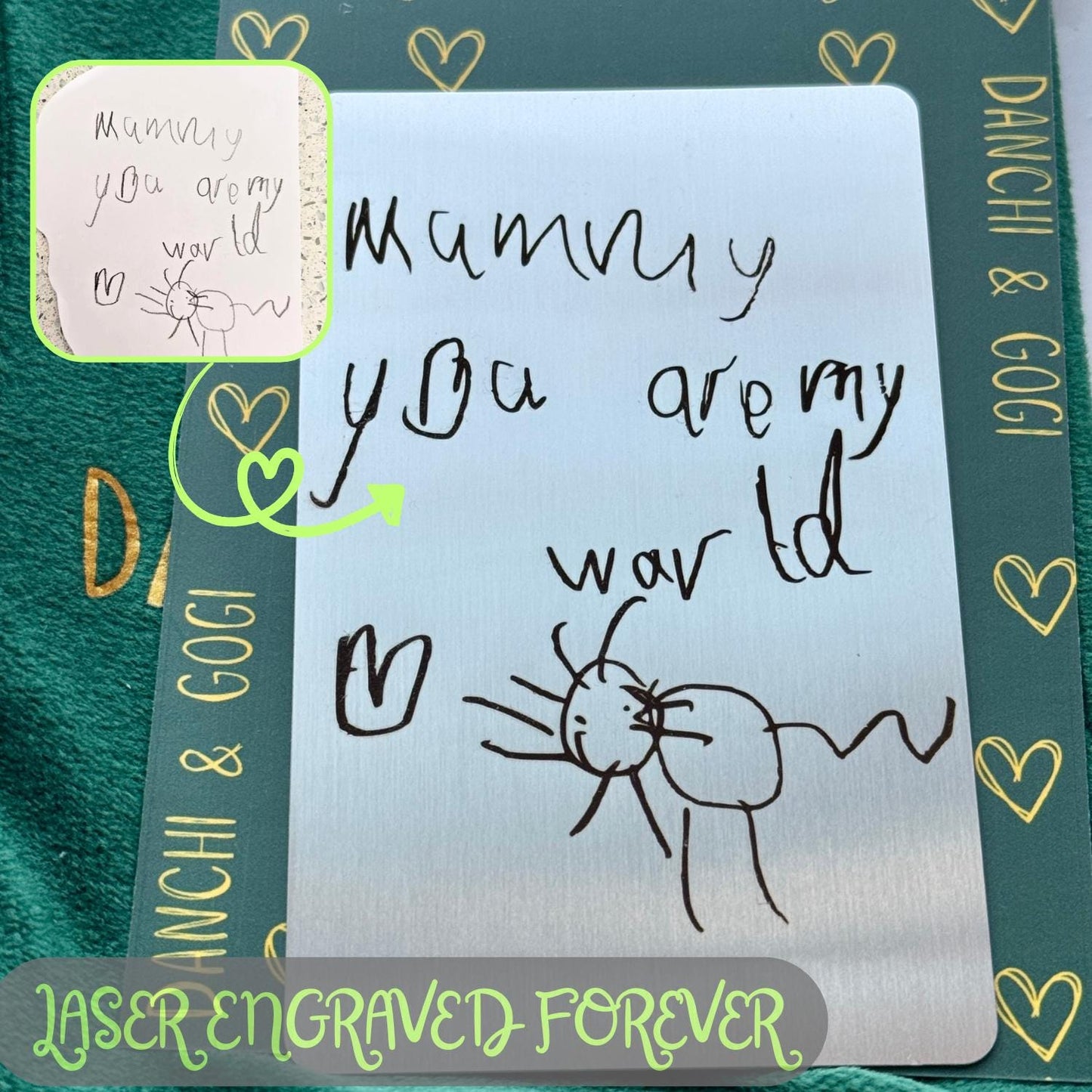 Personalised Handwriting Engraved Wallet Card with a Little Heart Shaped Keychain - Stainless Steel Gift