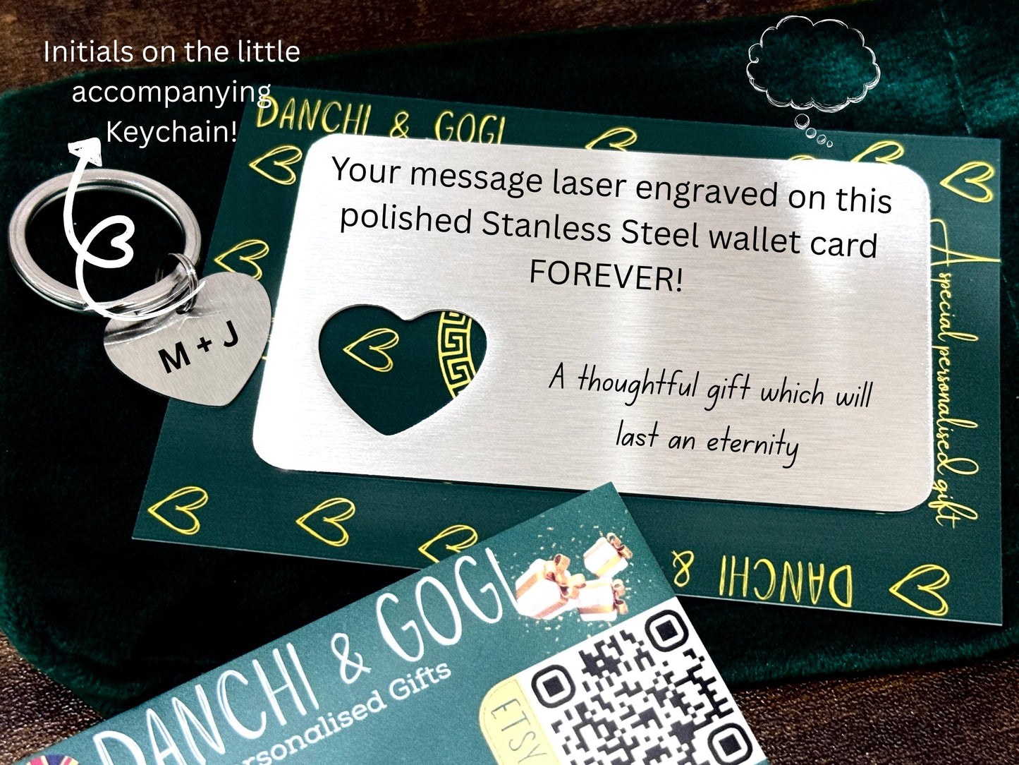 Personalised Handwriting Engraved Wallet Card with a Little Heart Shaped Keychain - Stainless Steel Gift