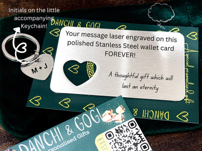 Personalised Handwriting Engraved Wallet Card with a Little Heart Shaped Keychain - Stainless Steel Gift
